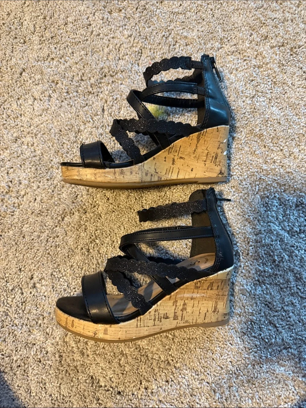 Girls Black Scalloped Strappy Wedge Sandals - Size 12